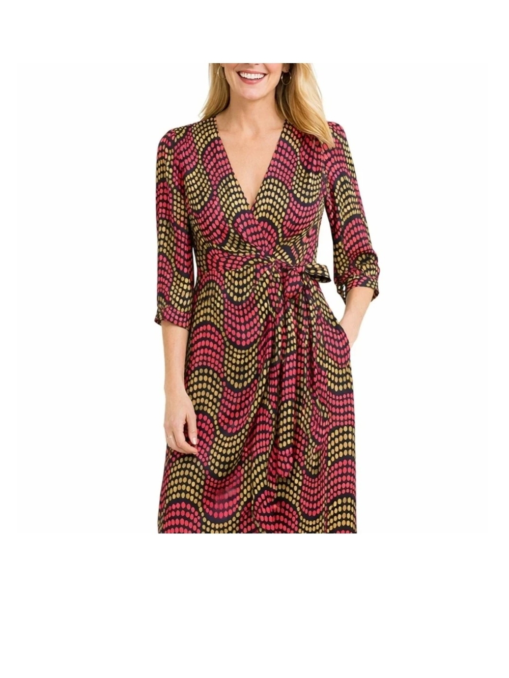 Boden Women's Wrap Dress Size UK 8 Long US 4L Pink & Green Polka Dot Silk Blend